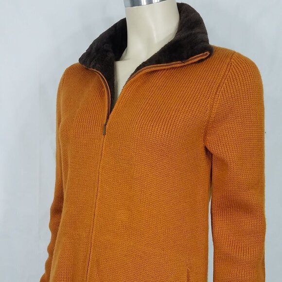 Carlisle burnt orange full zip 100% Merino wool cardigan faux fur trim Small - Picture 6 of 10